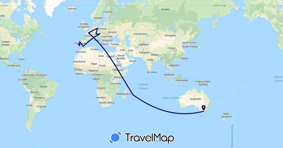 TravelMap itinerary: driving in Austria, Australia, Germany, Spain, France, Mauritius, Portugal (Africa, Europe, Oceania)